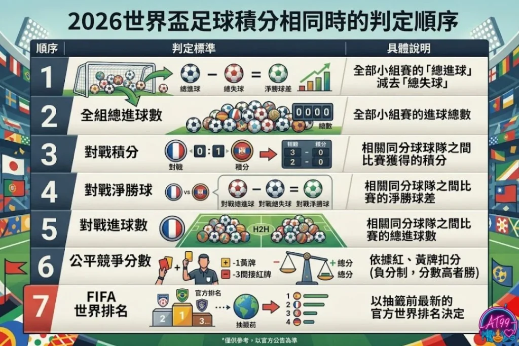 【2026世界盃足球規則】48強新賽制與晉級細節看這篇 2 世足小組賽規則:積分相同排序法